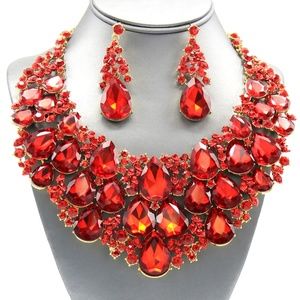 RED CRISTALS STATEMENT NECKLACE EARRINGS JEWELRY